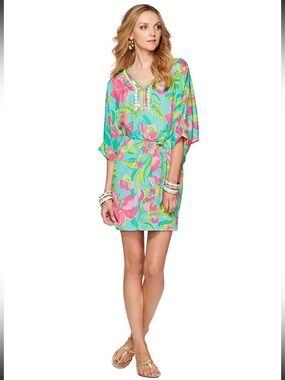 Lilly Pulitzer Wilda Aqua Embellished Floral Mini Dress with Neon Pink & Lime